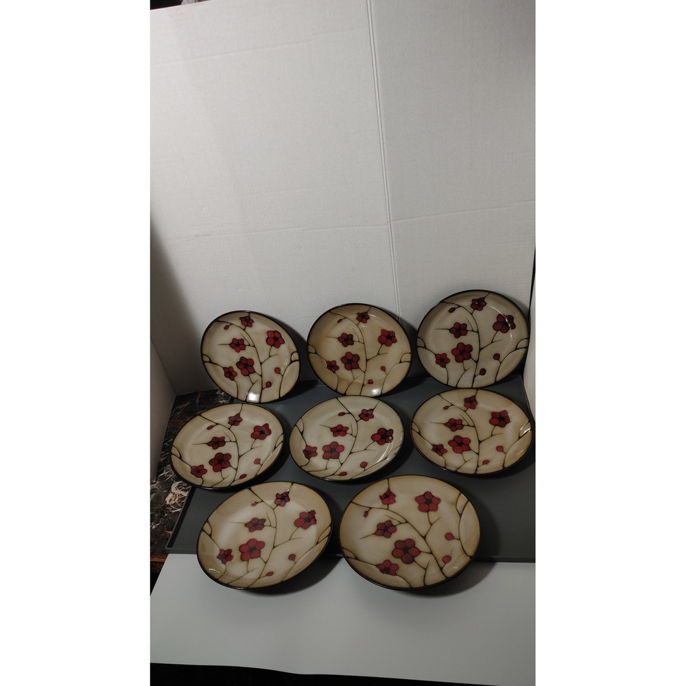 Pfaltzgraff Aster Salad Plates Set of 8 8.5" Cream Red Black Excellent Floral